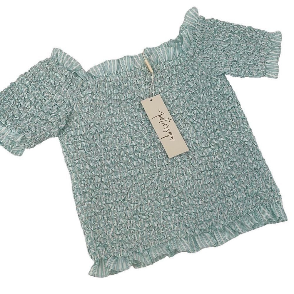 Petersyn Dee Top Aqua Blue Ruched Smocked Off Shoulder Crop Top Small Blouse New
